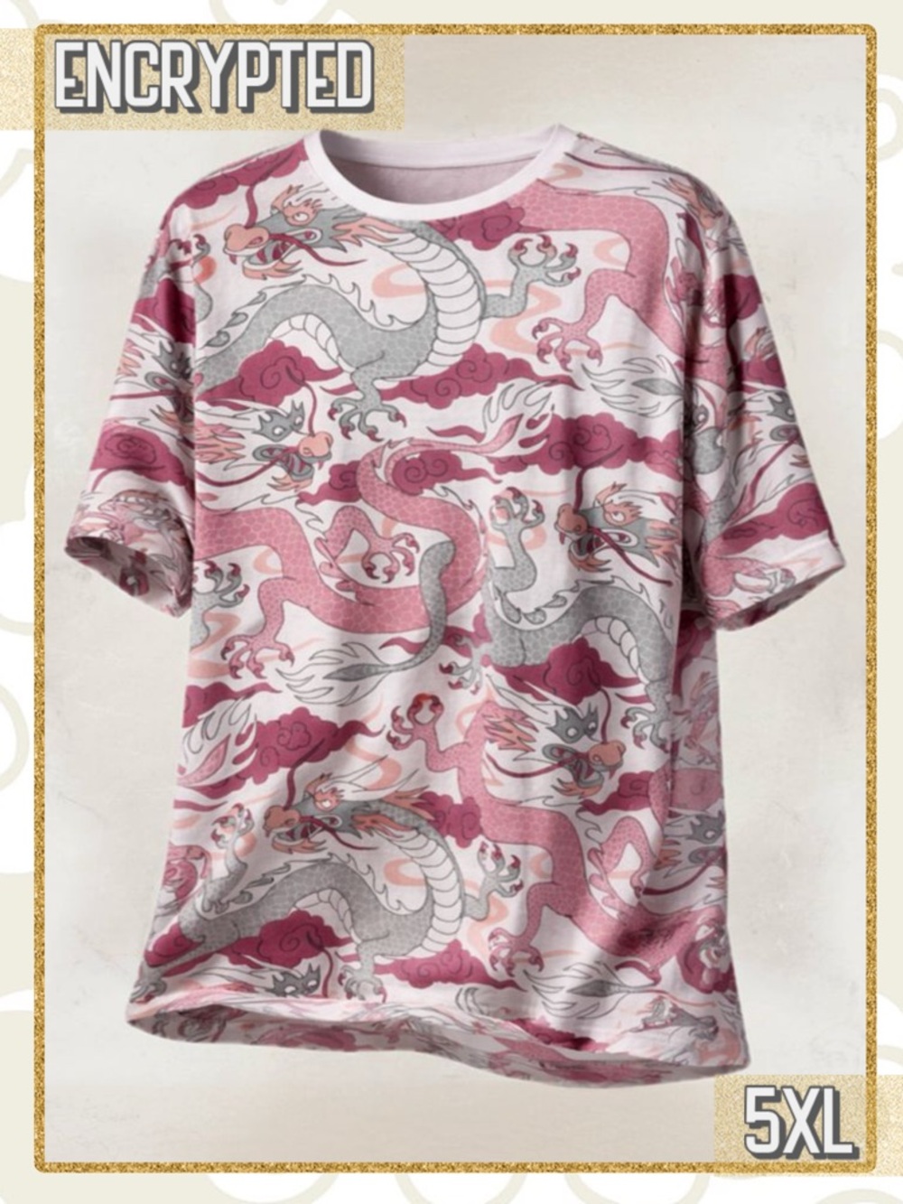 Encrypted Dragon Graphic Tee 5XL Pink Gray | Oversized Streetwear T-Shirt